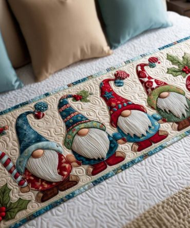 Cheerful Gnomes Quilted Bed Runner — Playful Holiday Bed Scarf With Gnome Characters, Cozy Quilting, Family-Friendly Decor