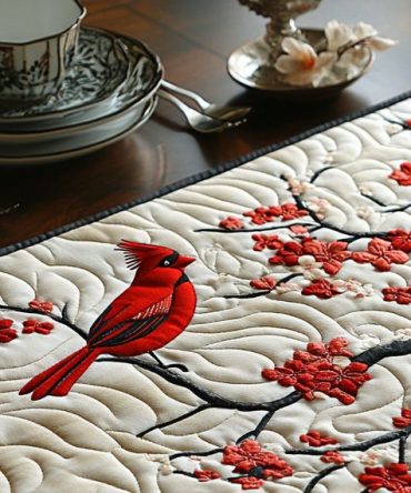 Cherry Cardinal Quilted Dining Placemat — Bright Cardinal & Cherry Motif, Festive Seasonal Table Mat, Quilted Cotton, Durable & Machine-Washable