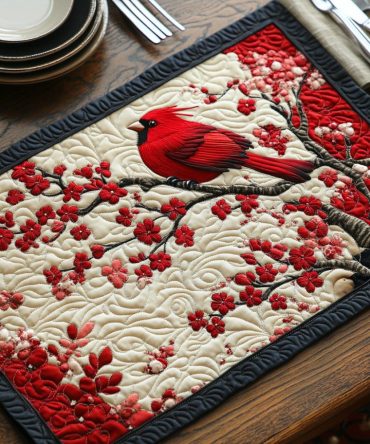 Cherry Cardinal Quilted Placemat – Red Cardinal & Cherry Blossoms Table Mat, Quilted Cotton Cushioning, Heat-Resistant & Machine-Washable For Bright Dining Accents