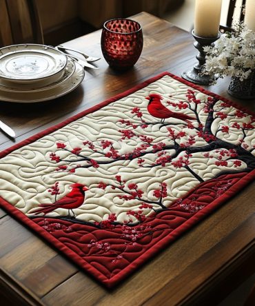 Cherry Cardinal Quilted Placemat — Charming Red Bird & Fruit Table Mat for Kitchen & Seasonal Decor, Soft Cotton, Easy-Care, Protective Surface Mat