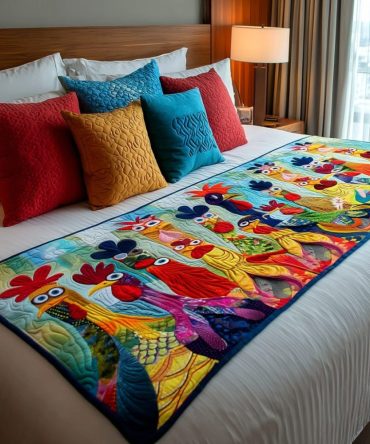 Vibrant Chicken Village Quilted Bed Runner - Whimsical Farm Animal Accent For Country Bedding & Guest Rooms - Cotton-Blend, Easy-Care