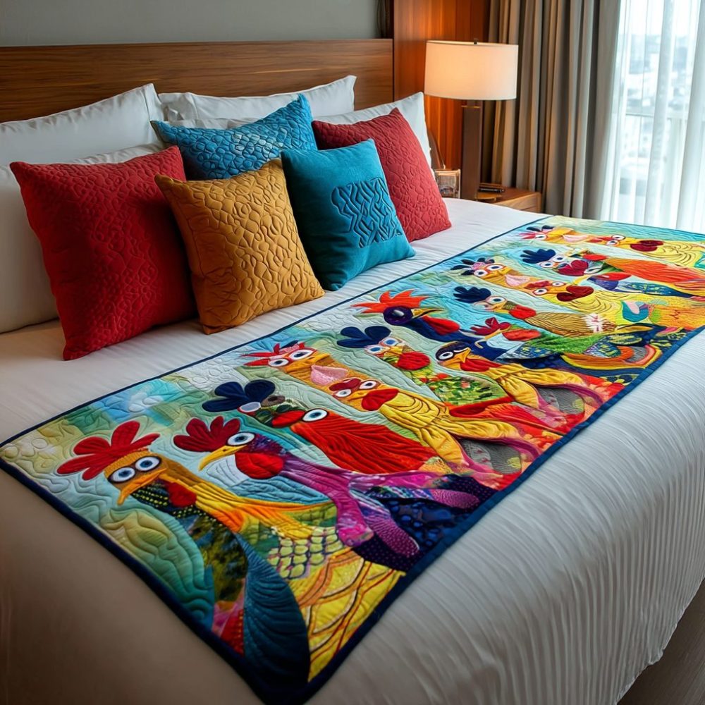 Vibrant Chicken Village Quilted Bed Runner - Whimsical Farm Animal Accent For Country Bedding & Guest Rooms - Cotton-Blend, Easy-Care