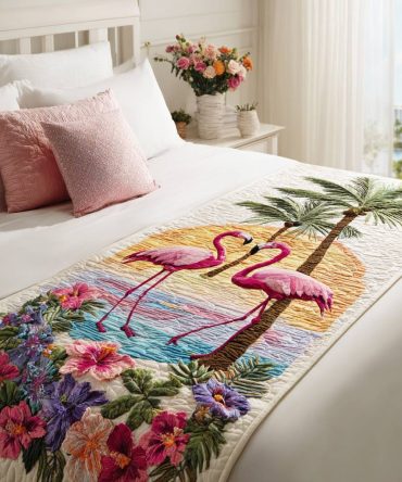 Chill-A-Mingo Quilted Bed Runner — Playful Flamingo Decorative Bed Scarf, Reversible Cotton-Blend Accent For Queen & King Beds