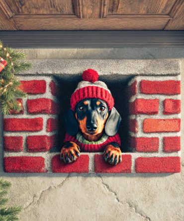 Chimney Dachshund Peek Doormat – Playful Dachshund Coir Welcome Mat With Chimney Illustration, Durable Non-Slip Porch Rug