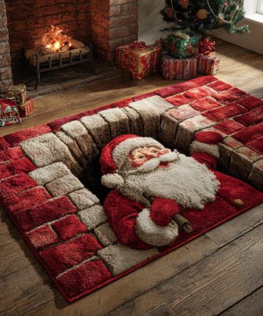 Santa Claus Chimney Scene Rug — Festive Holiday Area Rug With Santa Motif, Cozy Low-Pile Accent For Living Room & Hallways