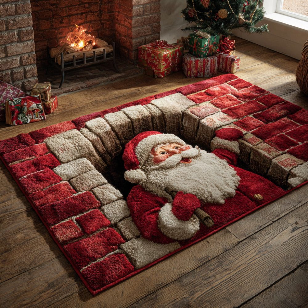 Santa Claus Chimney Scene Rug — Festive Holiday Area Rug With Santa Motif, Cozy Low-Pile Accent For Living Room & Hallways
