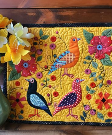 Chirping Blossoms Quilted Placemat — Fresh Spring Floral & Bird Table Accent, Machine-Washable, Durable Protection for Dining & Outdoor Use