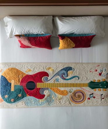 Chord Whisper Musical Quilted Bed Runner — Elegant Patterned Bed Scarf For Music-Themed Rooms, Soft Padding, Easy Care
