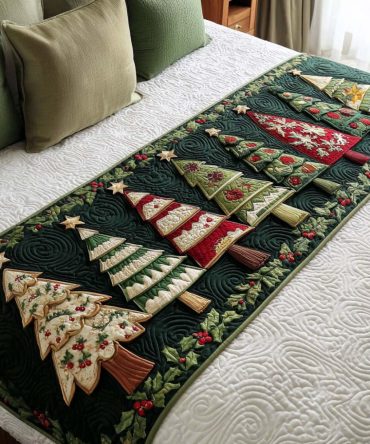 Christmas Forest Quilted Bed Runner — Woodland Holiday Bedding Accent With Pine & Foliage Motifs, Cozy Seasonal Layer