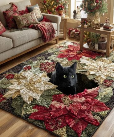 Festive Black Cat Holiday Area Rug — Soft Non-Slip Christmas Floor Mat For Living Room, Entryway & Pet-Friendly Décor