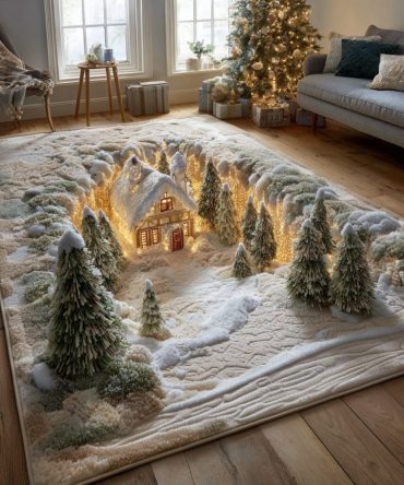 Cozy Christmas Cabin Area Rug — Rustic Log Cabin Holiday Floor Mat, Soft Indoor Non-Slip Accent Rug For Living Room & Entry