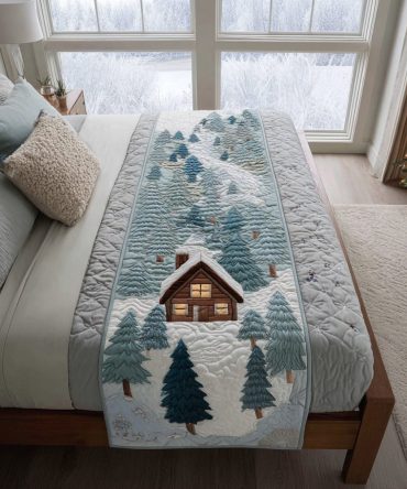 Christmas Cabin Quilted Bed Runner - Festive Plaid Bed Scarf For Holiday Bedroom Decor, Reversible Cotton Blend, Queen/King Size