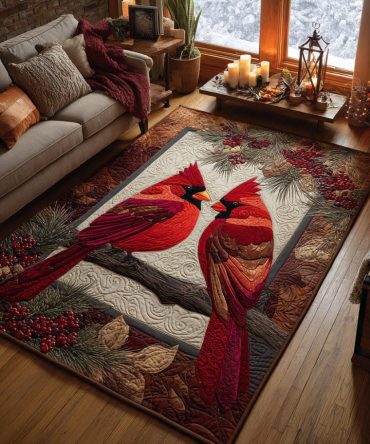 Warm Cardinal Holiday Floor Rug — Plush Seasonal Accent Rug With Red Bird Design, Non-Slip Christmas Mat For Home & Entryways