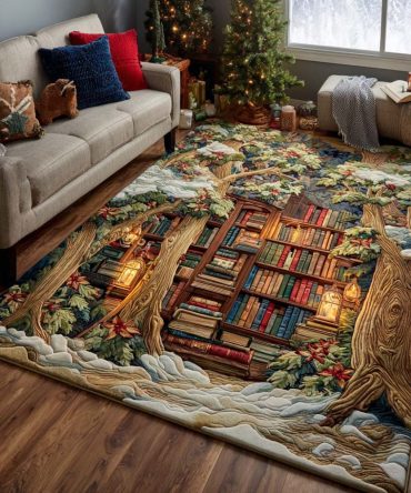 Holiday Storybook Area Rug — Christmas Chapters Themed Floor Mat, Soft Non-Skid Seasonal Accent For Living Room & Kids' Rooms