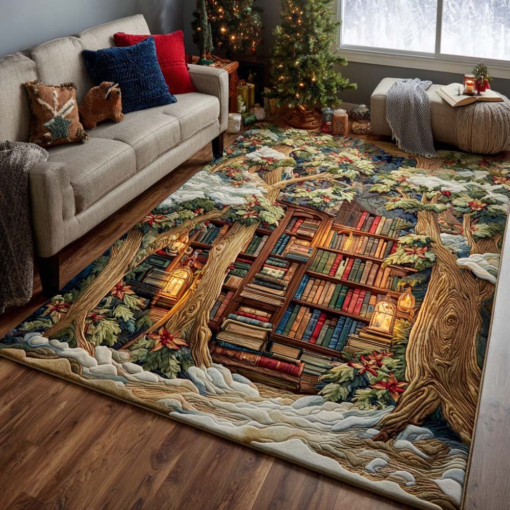 Holiday Storybook Area Rug — Christmas Chapters Themed Floor Mat, Soft Non-Skid Seasonal Accent For Living Room & Kids' Rooms