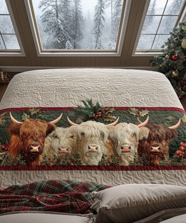 Christmas Cow Horizon Quilted Bed Runner - Whimsical Farmhouse Holiday Accent, Quilted Cotton Blend, Reversible For Queen & King Beds