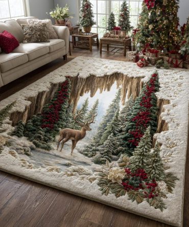 Deer & Winter Forest Christmas Rug — Elegant Reindeer Holiday Area Rug, Soft Non-Slip Accent For Cozy Living Room Décor