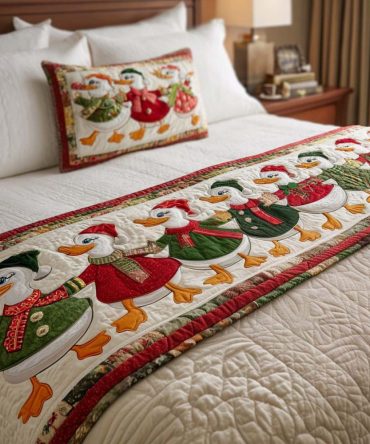 Playful Christmas Duck Parade Quilted Bed Runner — Whimsical Holiday Bedding Accent For Kids & Guest Rooms, Soft Quilting, Gift-Ready
