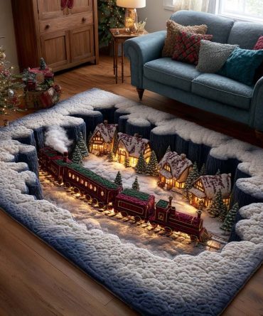Holiday Train Express Area Rug — Vintage Christmas Locomotive Floor Mat, Plush Non-Skid Accent Rug For Kids' Rooms & Entryways