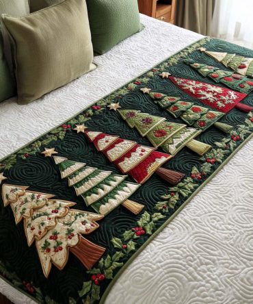 Classic Christmas Quilted Bed Runner - Traditional Holiday Forest Bedding Accent With Festive Motifs, Decorative Throw For Seasonal Bedroom Makeovers