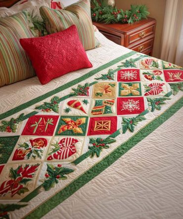 Christmas Glow Quilted Bed Scarf — Charming Holiday Runner With Warm Accents, Soft Cotton-Blend Bed Accent For Festive Rooms