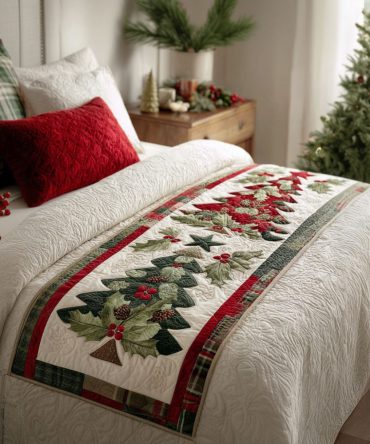 Christmas Grove Quilted Bed Runner — Evergreen Holiday Bed Scarf With Quilted Detail For Seasonal Bedroom Decor, Machine-Washable