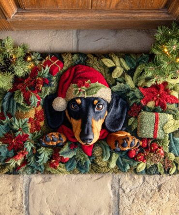 Christmas Leaf Pup Welcome Mat — Festive Dog & Foliage Doormat, Durable Outdoor/Indoor Non-Slip Entry Rug For Pet Lovers