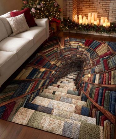 Festive Library Christmas Rug — Cozy Book-Themed Holiday Area Mat, Plush Non-Skid Accent Rug For Reading Nooks & Living Spaces
