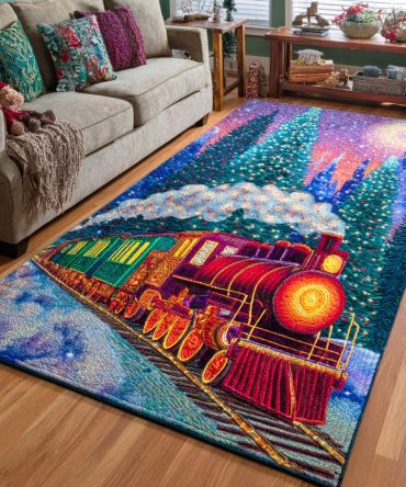 Locomotion Holiday Area Rug — Vintage Rail Christmas Floor Mat, Plush Non-Slip Accent For Kids' Rooms, Halls & Festive Displays