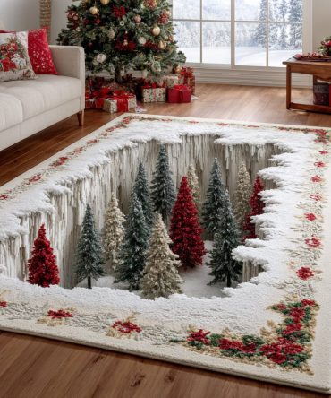 Pine Forest Holiday Rug — Christmas Pine Magic Area Mat, Plush Non-Skid Seasonal Accent Rug For Cozy Living Rooms & Cabins