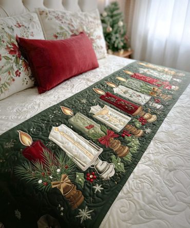 Festive Holiday Quilted Bed Runner — Radiant Christmas Accent In Red & Gold, Luxury Decorative Throw For Bed, Sofa & Entryway