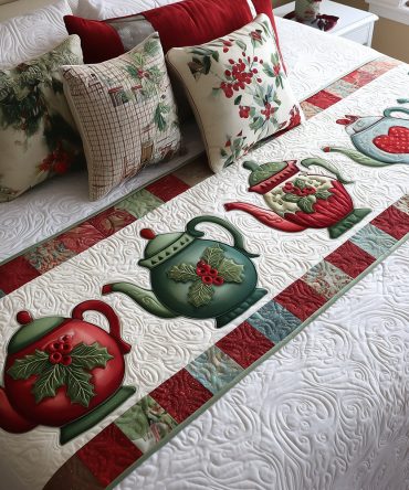 Christmas Teatime Quilted Bed Scarf — Festive Holiday Runner With Tea-Time Motifs, Cozy Quilting For Seasonal Bed Styling & Gift Giving