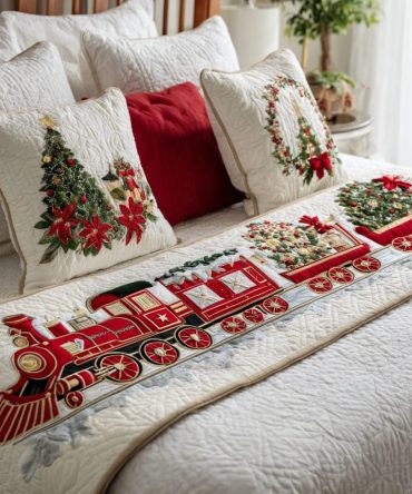 Christmas Train Quilted Bed Runner - Kids' Holiday Train Bed Scarf With Playful Motifs, Machine-Washable Festive Accent For Family Bedrooms