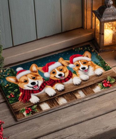 Holiday Trio Corgis Christmas Doormat — Festive Decorative Welcome Mat, Durable Weather-Resistant Print, Non-Slip Backing For Seasonal Porch Cheer