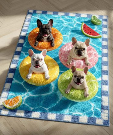 Citrus Frenchies Area Rug — Vibrant French Bulldog Design, Bright Modern Accent Rug, Low-Pile, Non-Slip, Pet-Friendly Floor Mat