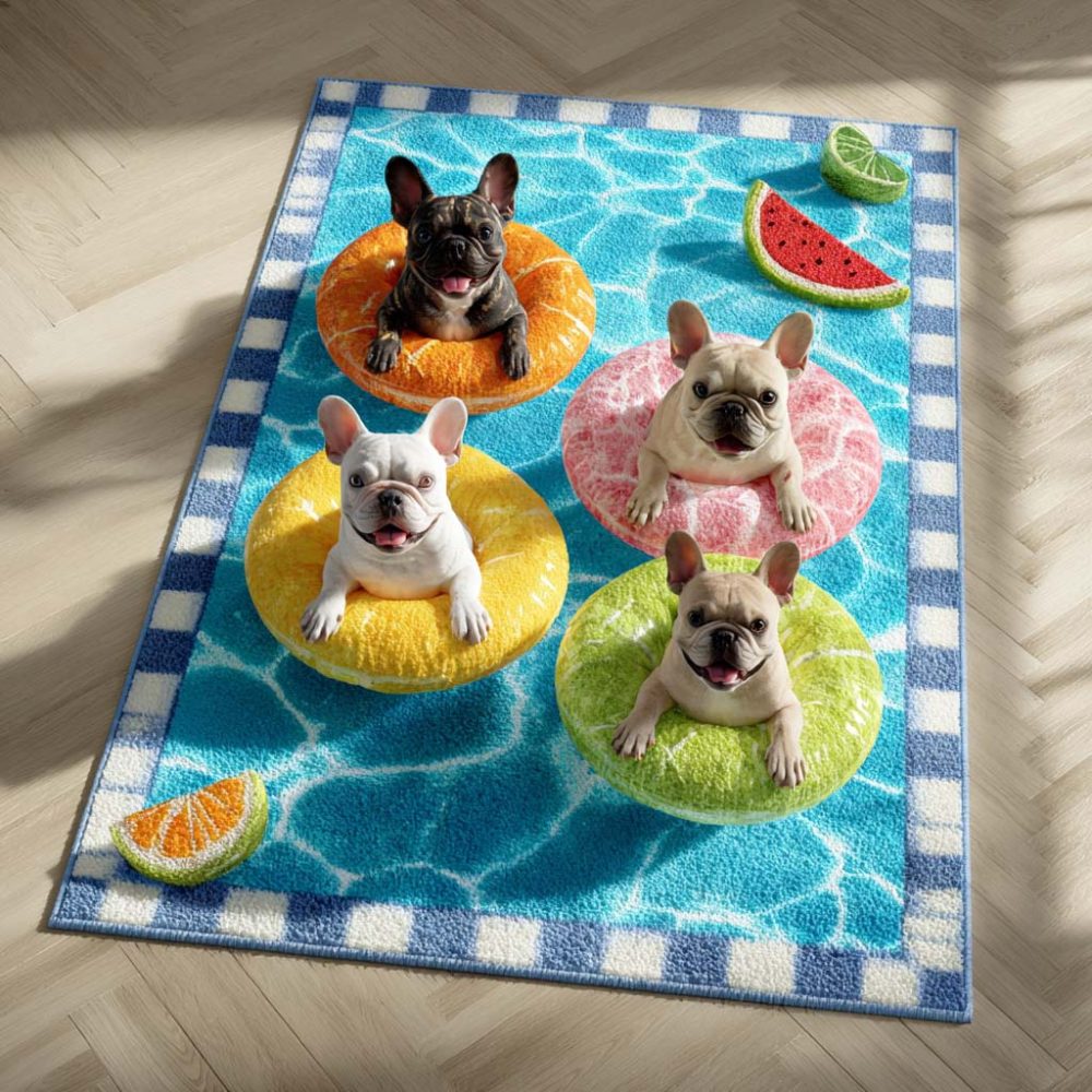 Citrus Frenchies Area Rug — Vibrant French Bulldog Design, Bright Modern Accent Rug, Low-Pile, Non-Slip, Pet-Friendly Floor Mat