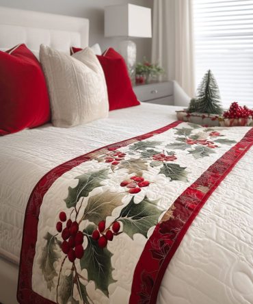Classic Holly Charm Quilted Bed Runner — Elegant Holly & Berry Holiday Accent For Traditional Christmas Bedroom Styling