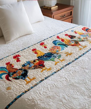 Cluck Celebration Festive Quilted Bed Runner — Cheerful Chicken Pattern Bed Scarf, Seasonal Farmhouse Accent, Machine Washable