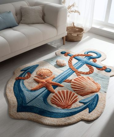 Coastal Anchor Custom-Shaped Rug - Nautical Anchor Accent, Indoor/Outdoor Beach Decor With Non-Slip Backing, Easy Care