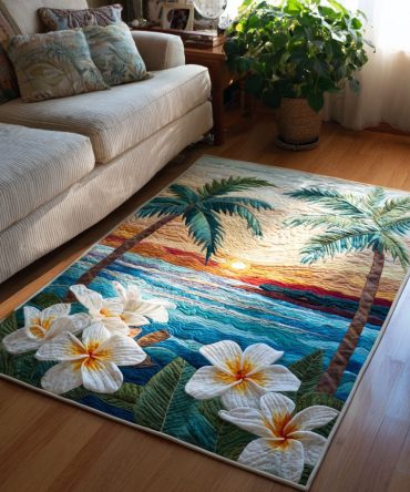 Beach Floral Area Rug - Coastal Bloom Design, Machine-Washable Accent Rug, Soft Plush Pile For Living Room & Bedroom