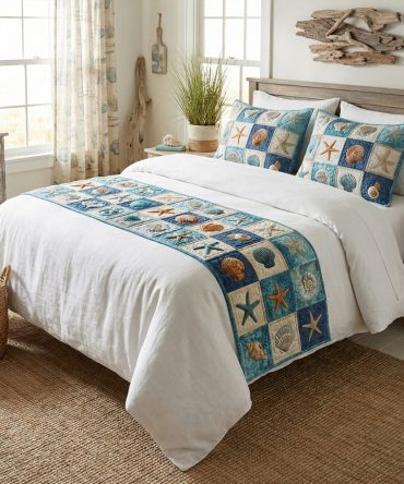 Coastal Currents Heritage Quilted Bed Runner — Nautical Decorative Bed Scarf For Queen & King Beds, Durable & Machine-Washable — Seaside Style