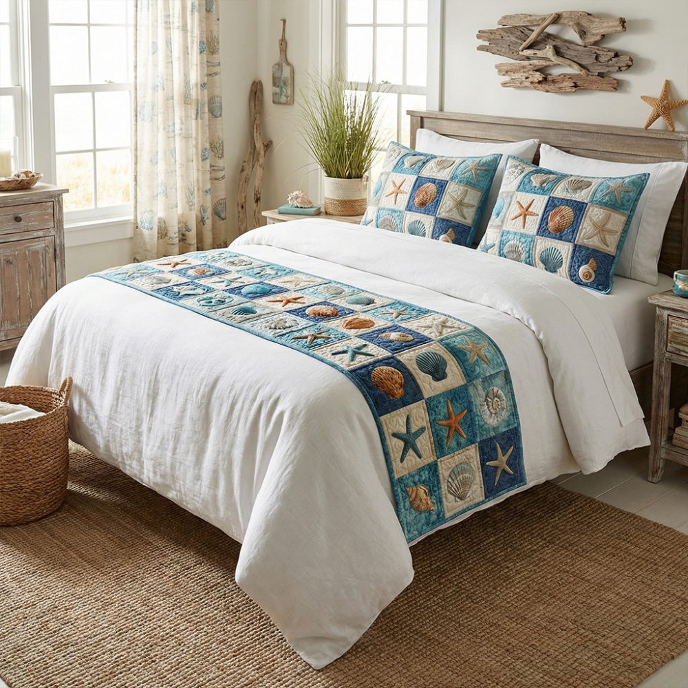 Coastal Currents Heritage Quilted Bed Runner — Nautical Decorative Bed Scarf For Queen & King Beds, Durable & Machine-Washable — Seaside Style