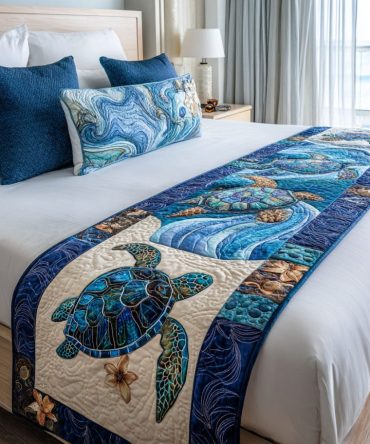 Coastal Glide Quilted Bed Runner — Nautical Wave & Stripe Decorative Throw For Beach House & Bedroom, Lightweight Quilted Bed Accent, Soft & Easy-Care