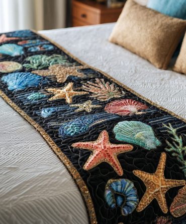 Coastal Patchwork Quilted Bed Runner — Handcrafted Patchwork Bed Scarf, Nautical Colorway, Cotton-Blend, Reversible For Queen/King