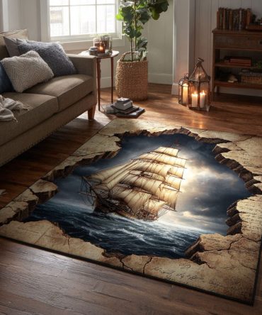 Coastal Sail Nautical Rug - Classic Sailboat Motif, Indoor/Outdoor Accent, Low-Profile Durable Weave, Fade & Stain Resistant