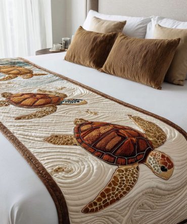 Coastal Shell Quilted Bed Runner — Seaside Shell Motif Decorative Bed Scarf, Beach House Quilted Accent For Nautical Bedrooms & Cottages