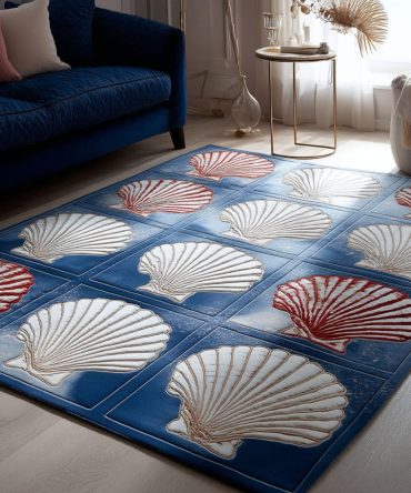 Coastal Shells Seaside Rug - Shell Pattern Beach Runner, Machine-Washable, Non-Slip, Durable For Coastal Living Rooms & Porches