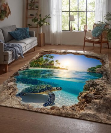 Coastal Turtle Rug - Charming Sea Turtle Design, Soft Low-Pile Indoor Accent, Durable & Easy-Clean For Beach Homes, Kids Rooms