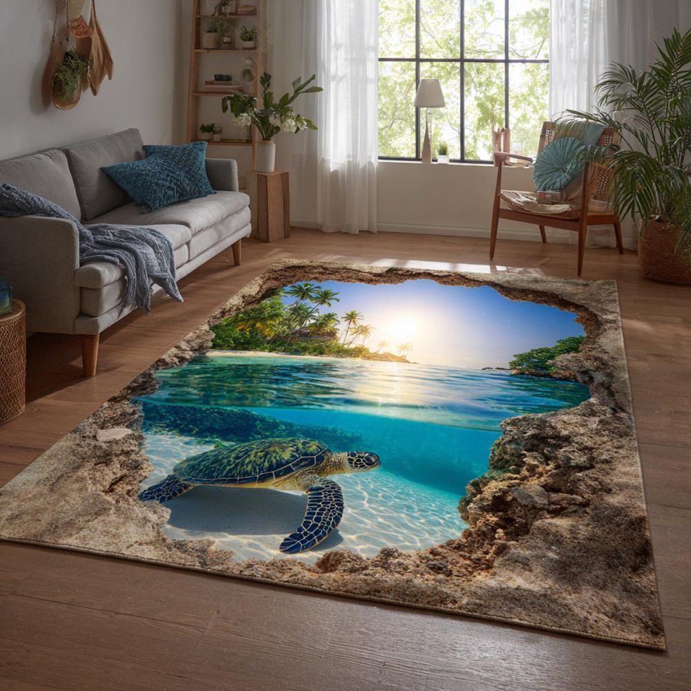 Coastal Turtle Rug - Charming Sea Turtle Design, Soft Low-Pile Indoor Accent, Durable & Easy-Clean For Beach Homes, Kids Rooms