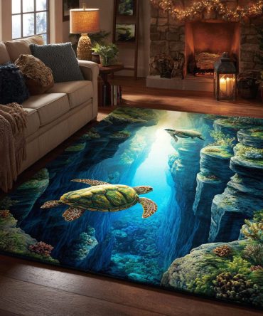 Vibrant Coastal Turtle Decorative Rug — Soft Ocean Motif Area Rug For Beach Living, Entryway, Kids Room, Easy-Clean Backing